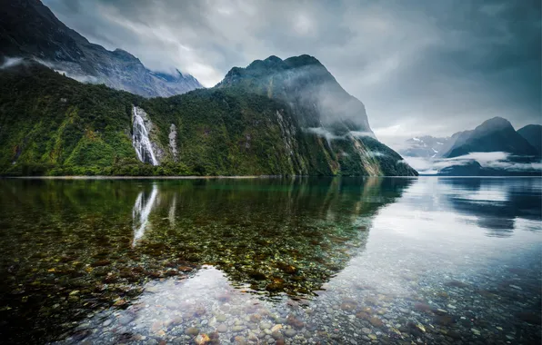 Clouds, mountains, fog, lake, reflection, stones, overcast, rocks