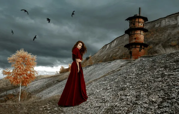 Picture sky, dress, woman, clouds, tree, model, redhead, lighthouse
