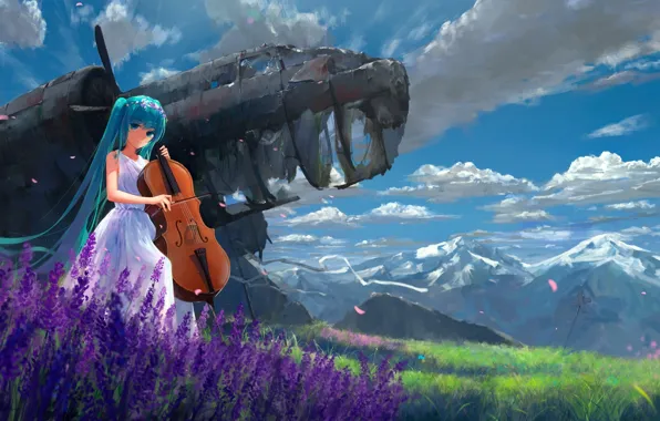 The sky, girl, clouds, flowers, mountains, nature, the plane, anime