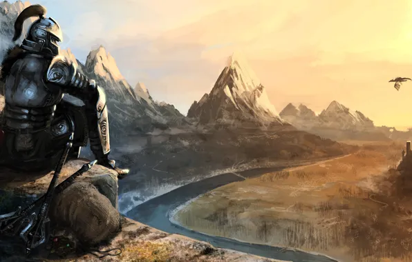 Flight, mountains, river, weapons, rocks, dragon, view, warrior