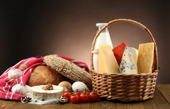 Basket, eggs, cheese, milk, bread, tomatoes, garlic, walnuts