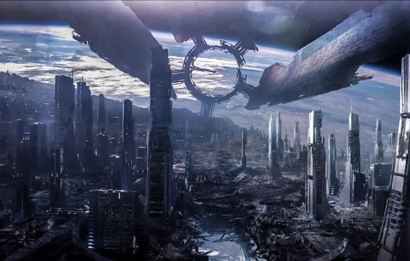 Space, art, Mass Effect 3, Citadel, space station, Destroyed Citadel