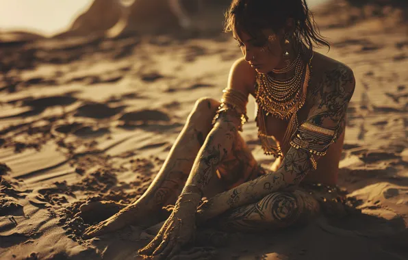 Sand, girl, light, decoration, nature, pose, feet, desert