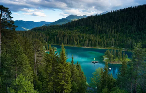 Picture forest, clouds, mountains, lake, shore, view, ate, island