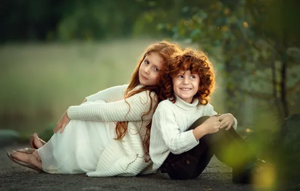 Nature, children, boy, girl, red, friends, mushrooms, Marianne Smolin