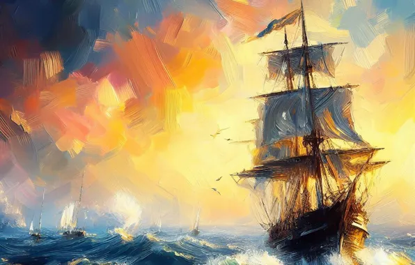 Sea, wave, the sky, sunset, paint, ship, oil, sailboat