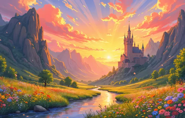 Flowers, The sun, Mountains, Trees, Castle, Dawn, River, Digital art