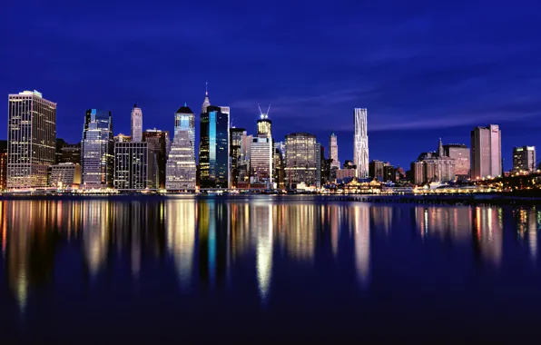 The sky, night, lights, reflection, river, building, New York, skyscrapers