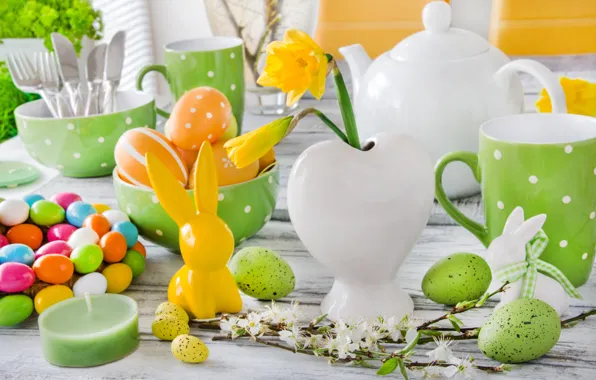 Picture flowers, spring, candles, Easter, tulips, happy, flowers, tulips, spring, Easter, eggs, bunny, delicate, decoration, pastel