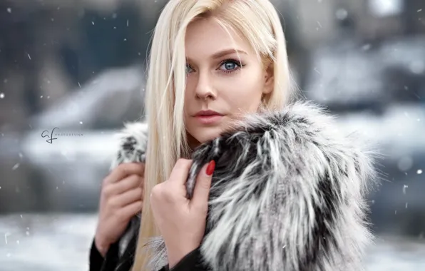 Picture winter, look, snow, snowflakes, background, model, portrait, makeup