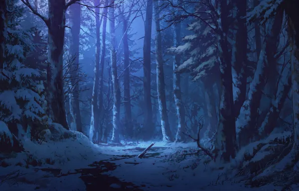 Picture snow, stream, twilight, art, winter forest, Iku Can To Ada