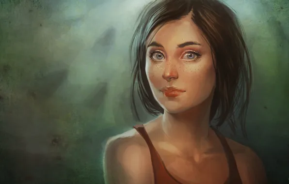 Look, art, brown hair, blue-eyed, curls, drawn girl