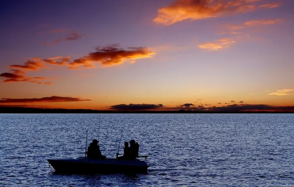 Sunset, The sky, Clouds, Lake, Horizon, Boat, Fishermen, Fishing rods