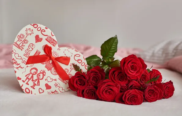 Red, gift, heart, roses, Valentine's day, a bunch, Yarovoy Aleksandr
