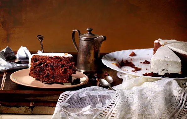 Coffee, plate, cake, cake, chocolate, dessert, a piece of cake