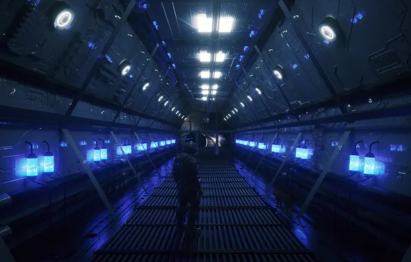 Cat, space, ship, astronaut, lighting, the tunnel, art, space station