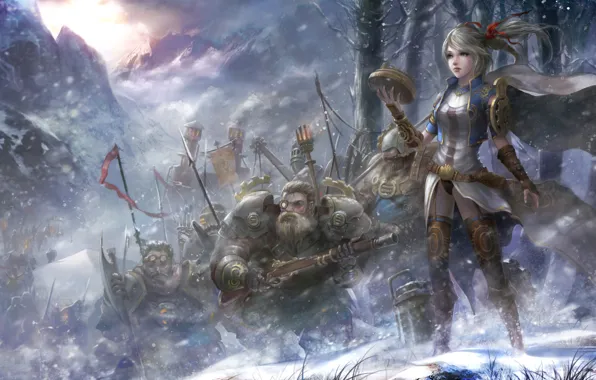 Picture girl, mountains, fantasy, weapons, sword, armor, art, squad