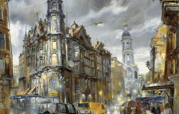 Machine, the city, lights, rain, transport, street, figure, picture