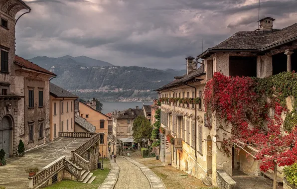 The sky, clouds, landscape, mountains, clouds, lake, home, Italy