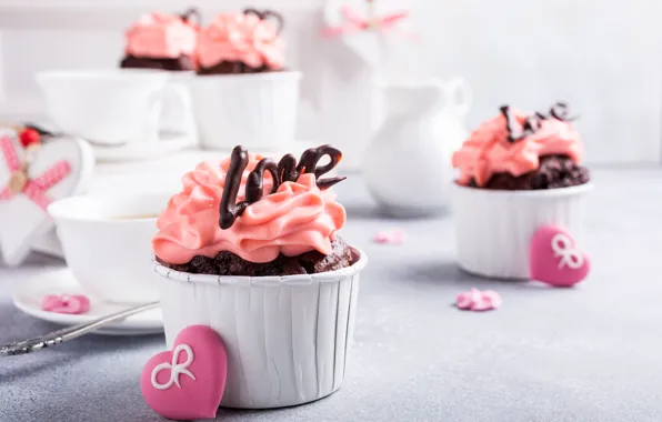 Hearts, decoration, cream, dessert, cupcakes, cupcakes, Iryna Melnyk