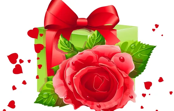 Box, gift, rose, hearts, white background, bow, Valentine's day, Valentine's Day