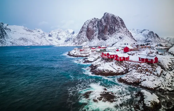 Picture winter, snow, Norway, town, settlement, February, archipelago, The Lofoten Islands