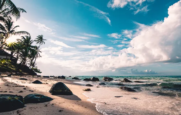 Picture sand, wave, beach, the sun, clouds, nature
