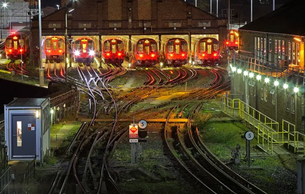 Night, lights, metro, England, London, train, depot