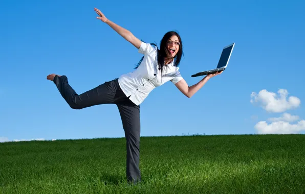 Greens, field, the sky, grass, girl, the sun, clouds, joy