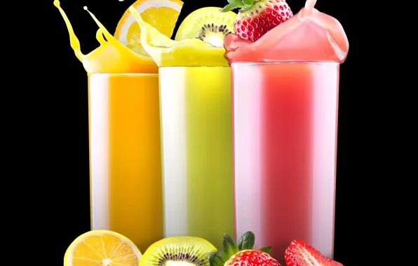 Picture glass, orange, kiwi, strawberry, juice