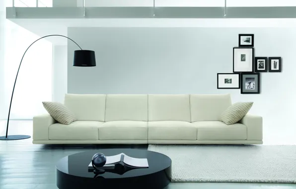 White, photo, table, sofa, frame, floor lamp