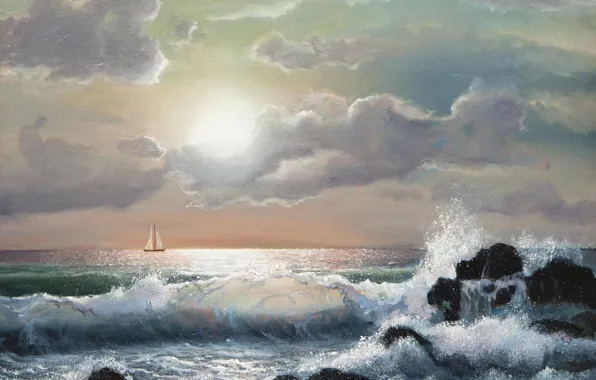 Picture the sky, clouds, ship, horizon, painting, sea. wave