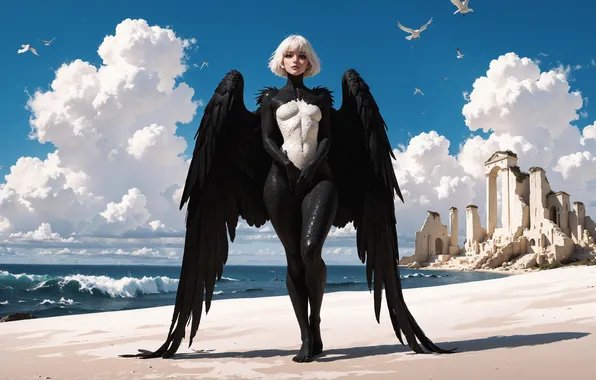 Clouds, birds, wings, demoness, fallen angel, white hair, digital art, digital art