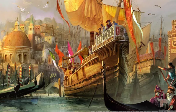 The city, seagulls, art, port, Venice, flags, harbour, gondola