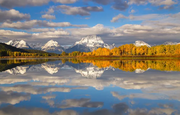 Autumn, clouds, snow, trees, mountains, lake, Wyoming, USA
