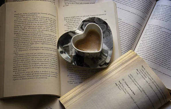 Picture heart, books, coffee, mug, page