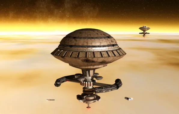 Stars, planet, spaceships, chemical processing station