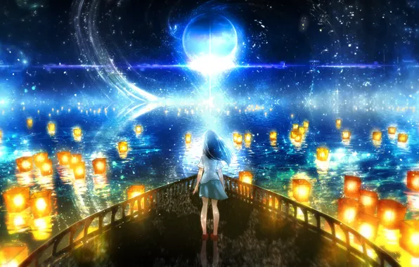 The sky, water, girl, night, fantasy, lanterns