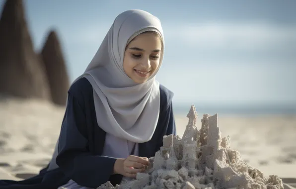 Sand, Sea, Beach, Smile, Girl, Digital art, AI art, The Art of Artificial Intelligence
