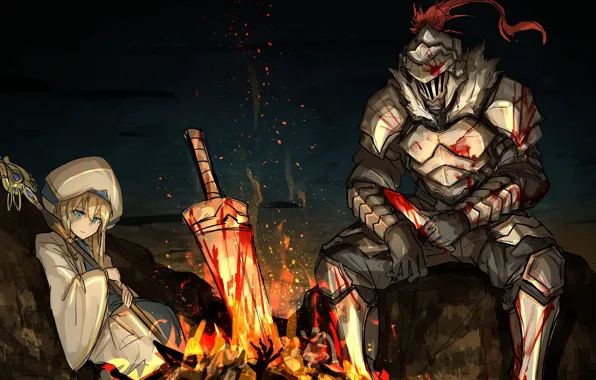 Girl, night, fire, MAG, staff, knight, the fire, Goblin Slayer
