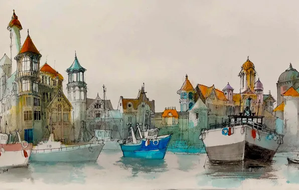 The city, watercolor, harbour, boats, Jean Paul Schifrine