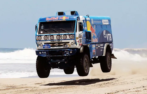Picture Water, Sea, Beach, Blue, Truck, Red Bull, Kamaz, Rally