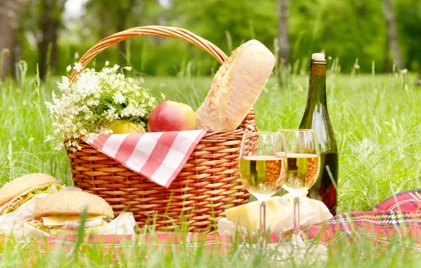 Greens, forest, summer, grass, trees, flowers, wine, basket