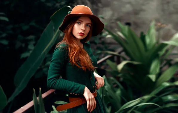 Picture greens, look, leaves, pose, model, portrait, hat, makeup