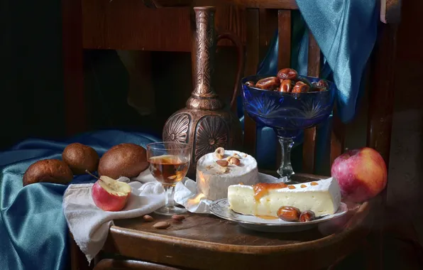 Wine, Apple, cheese, bread, pitcher, nuts, still life, dates