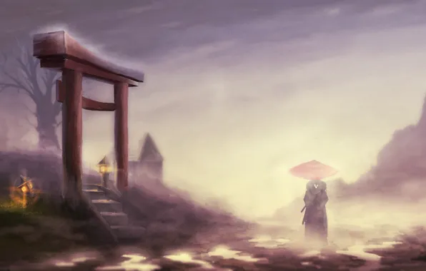 Landscape, fog, tree, umbrella, samurai, lights, male, kimono