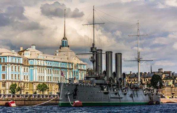 River, the building, Saint Petersburg, Aurora, Museum, promenade, cruiser, Petrogradskaya embankment