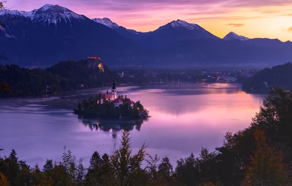 Forest, sunset, mountains, island, Church, pond, settlement