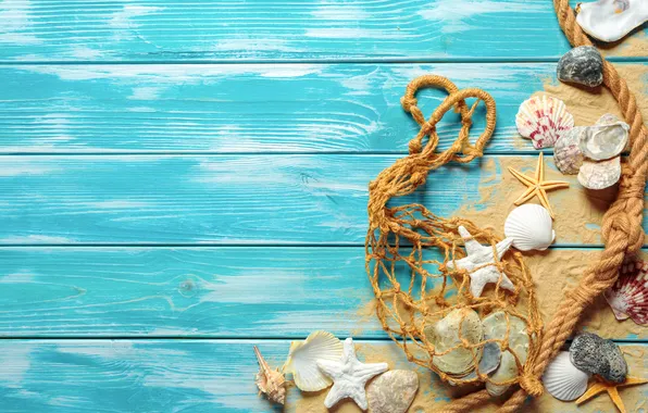 Sand, beach, summer, stars, shell, summer, beach, wood