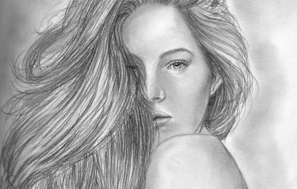 Picture eyes, look, girl, face, hair, back, pencil, painting